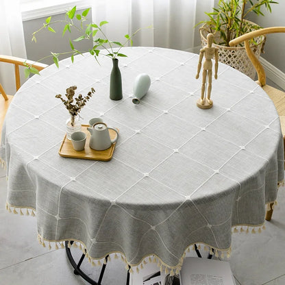 Harmony Checkered Elegance - Round Cotton Linen Tablecloth